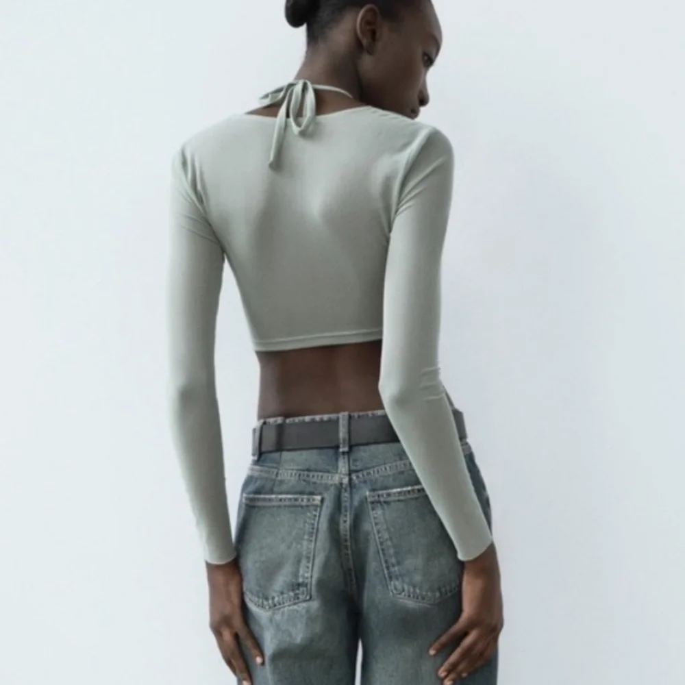 ZARA TULLE RUCHED CROP TOP NWT Long Sleeve Crisscross Straps M